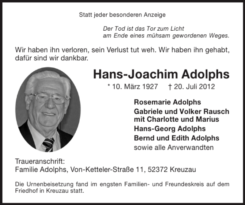  Traueranzeige für Hans-Joachim Adolphs vom 05.08.2012 aus Super Sonntag / Super Mittwoch