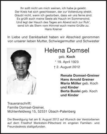 Traueranzeige von Helena Domsel von Super Sonntag / Super Mittwoch