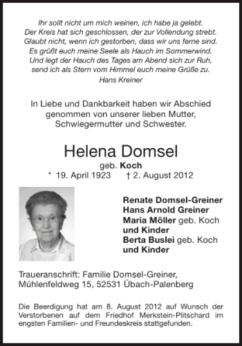 Traueranzeige von Helena Domsel von Aachener Zeitung / Aachener Nachrichten