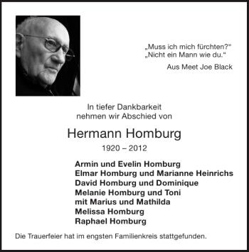 Traueranzeige von Hermann Homburg von Aachener Zeitung / Aachener Nachrichten