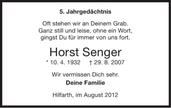 Traueranzeige von Horst Senger von Super Sonntag / Super Mittwoch
