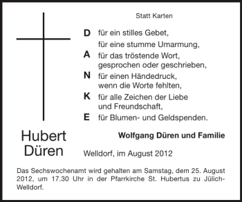 Traueranzeige von Hubert Düren von Super Sonntag / Super Mittwoch