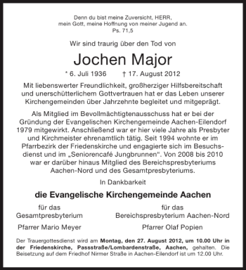Traueranzeige von Jochen Major von Aachener Zeitung / Aachener Nachrichten