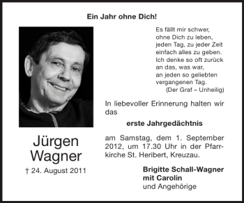 Traueranzeige von Jürgen Wagner von Super Sonntag / Super Mittwoch