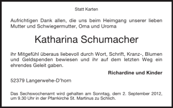 Traueranzeige von Katharina Schumacher von Super Sonntag / Super Mittwoch