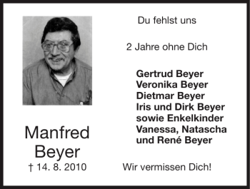 Traueranzeige von Manfred Beyer von Super Sonntag / Super Mittwoch