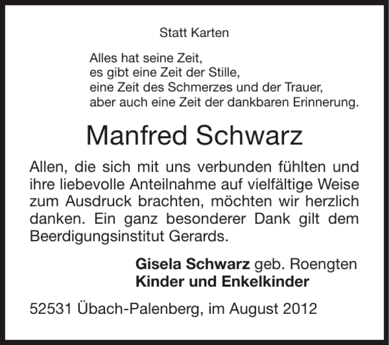  Traueranzeige für Manfred Schwarz vom 05.08.2012 aus Super Sonntag / Super Mittwoch