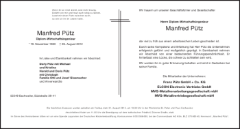 Traueranzeige von Manfred Pütz Manfred Pütz von Aachener Zeitung / Aachener Nachrichten