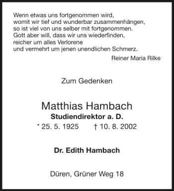 Traueranzeige von Matthias Hambach von Aachener Zeitung / Aachener Nachrichten