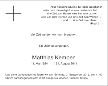 Traueranzeige von Matthias Kempen von Aachener Zeitung / Aachener Nachrichten