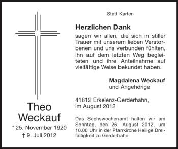 Traueranzeige von Theo Weckauf von Super Sonntag / Super Mittwoch