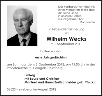 Traueranzeige von Wilhelm Wecks von Aachener Zeitung / Aachener Nachrichten