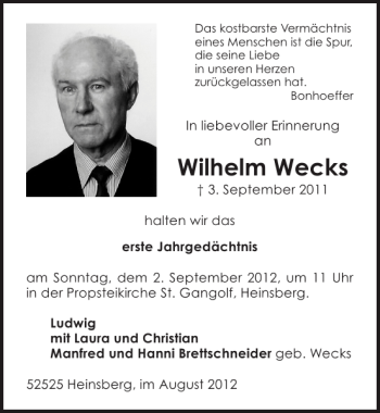 Traueranzeige von Wilhelm Wecks von Super Sonntag / Super Mittwoch