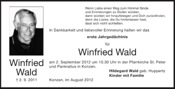 Traueranzeige von Winfried Wald Winfried Wald von Aachener Zeitung / Aachener Nachrichten