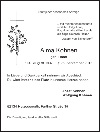 Traueranzeige von Alma Kohnen von Aachener Zeitung / Aachener Nachrichten