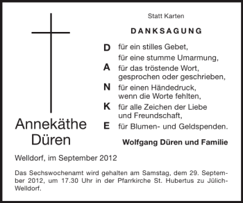 Traueranzeige von Annekäthe Düren von Super Sonntag / Super Mittwoch