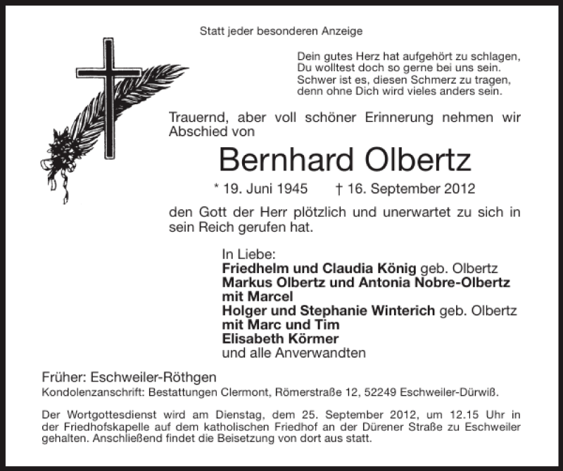  Traueranzeige für Bernhard Olbertz vom 23.09.2012 aus Super Sonntag / Super Mittwoch
