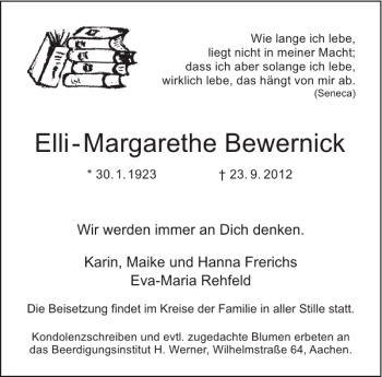 Traueranzeige von Elli-Margarethe Bewernick von Aachener Zeitung / Aachener Nachrichten