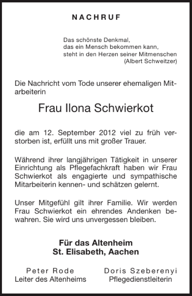  Traueranzeige für Frau Ilona Schwierkot vom 15.09.2012 aus Aachener Zeitung / Aachener Nachrichten