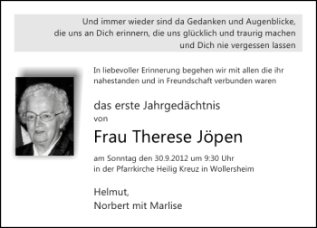 Traueranzeige von Frau Therese Jöpen von Aachener Zeitung / Aachener Nachrichten