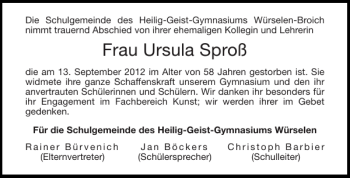Traueranzeige von Frau Ursula Sproß von Aachener Zeitung / Aachener Nachrichten