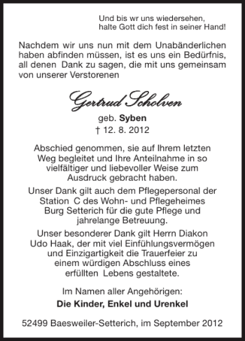 Traueranzeige von Gertrud Scholven Gertrud Scholven von Super Sonntag / Super Mittwoch