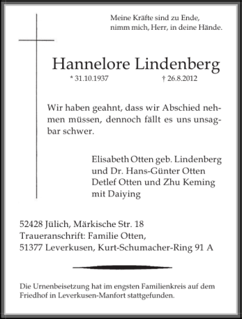 Traueranzeige von Hannelore Lindenberg von Aachener Zeitung / Aachener Nachrichten