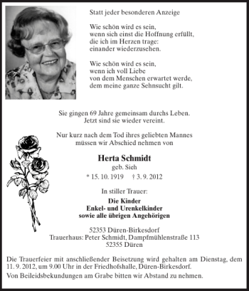 Traueranzeige von Herta Schmidt von Super Sonntag / Super Mittwoch