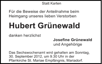 Traueranzeige von Hubert Grünewald von Super Sonntag / Super Mittwoch