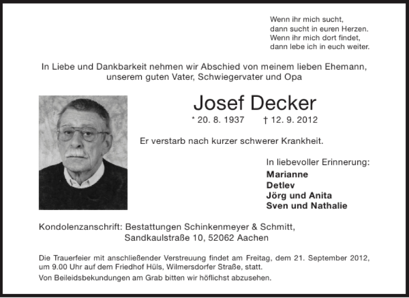  Traueranzeige für Josef Decker vom 19.09.2012 aus Aachener Zeitung / Aachener Nachrichten