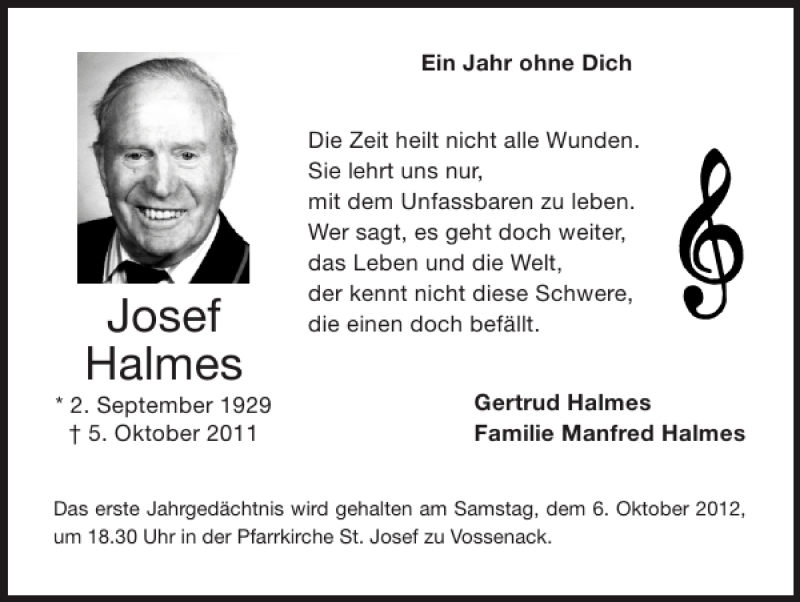  Traueranzeige für Josef Halmes vom 30.09.2012 aus Super Sonntag / Super Mittwoch
