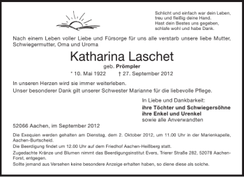 Traueranzeige von Katharina Laschet von Aachener Zeitung / Aachener Nachrichten
