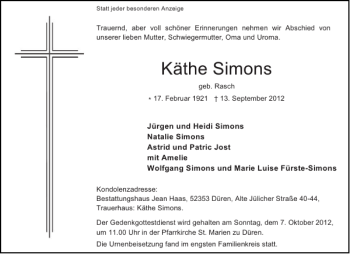 Traueranzeige von Käthe Simons von Aachener Zeitung / Aachener Nachrichten