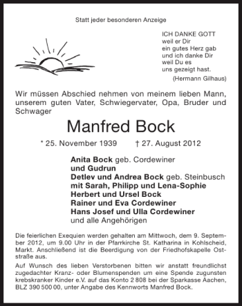 Traueranzeige von Manfred Bock von Super Sonntag / Super Mittwoch