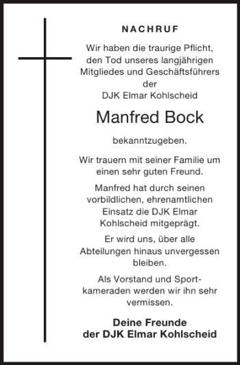 Traueranzeige von Manfred Bock von Super Sonntag / Super Mittwoch