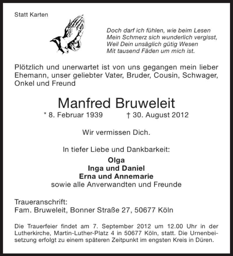  Traueranzeige für Manfred Bruweleit vom 06.09.2012 aus Aachener Zeitung / Aachener Nachrichten