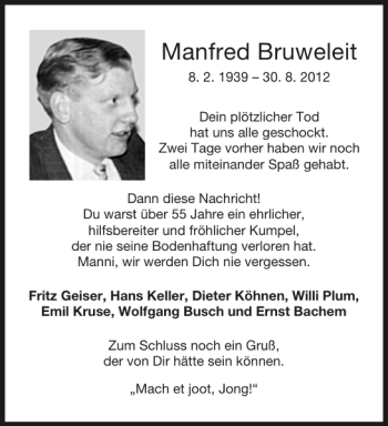 Traueranzeige von Manfred Bruweleit von Aachener Zeitung / Aachener Nachrichten