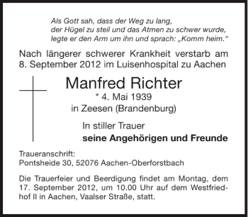 Traueranzeige von Manfred Richter von Aachener Zeitung / Aachener Nachrichten