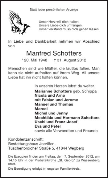 Traueranzeige von Manfred Schotters von Aachener Zeitung / Aachener Nachrichten