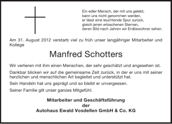 Traueranzeige von Manfred Schotters von Aachener Zeitung / Aachener Nachrichten