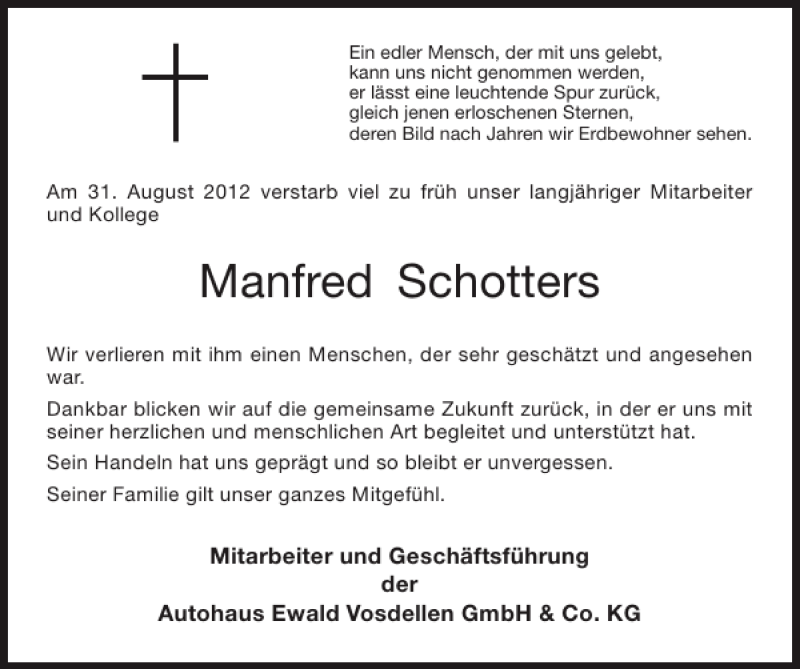  Traueranzeige für Manfred Schotters vom 09.09.2012 aus Super Sonntag / Super Mittwoch