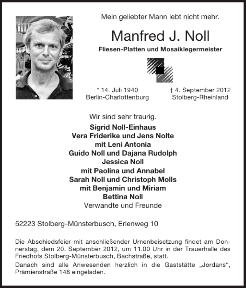  Traueranzeige für Manfred J. Noll vom 16.09.2012 aus Super Sonntag / Super Mittwoch