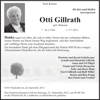 Traueranzeige von Otti Gillrath von Super Sonntag / Super Mittwoch