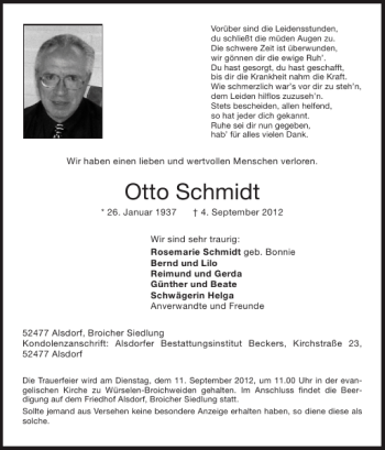 Traueranzeige von Otto Schmidt von Super Sonntag / Super Mittwoch