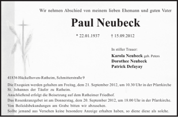 Traueranzeige von Paul Neubeck von Aachener Zeitung / Aachener Nachrichten