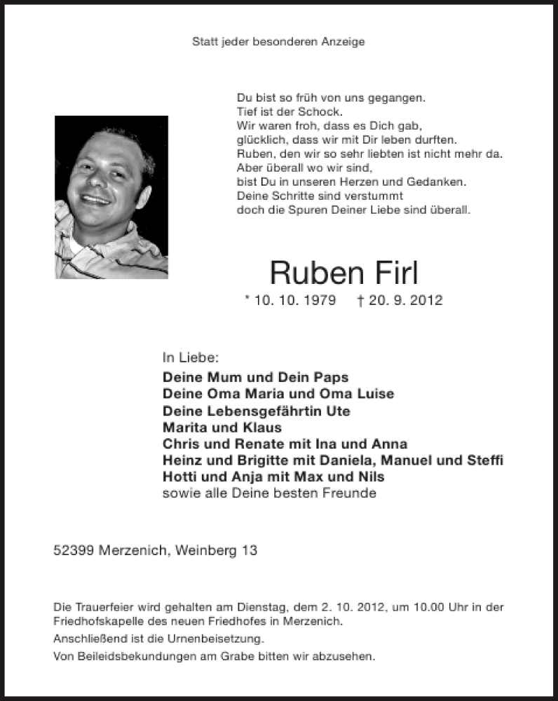 Traueranzeige für Ruben Firl vom 30.09.2012 aus Super Sonntag / Super Mittwoch