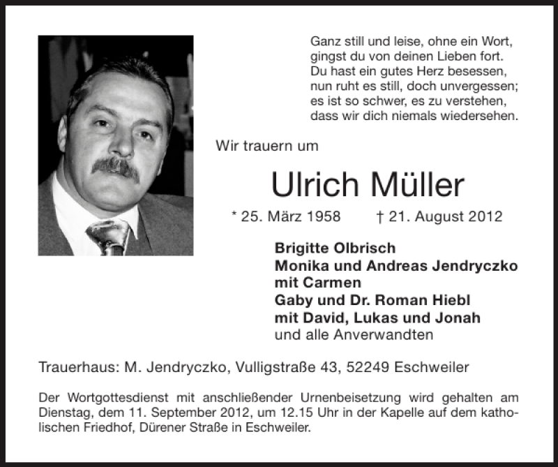  Traueranzeige für Ulrich Müller vom 09.09.2012 aus Super Sonntag / Super Mittwoch