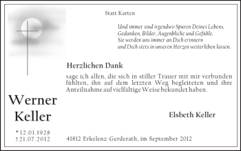 Traueranzeige von Werner Keller von Super Sonntag / Super Mittwoch