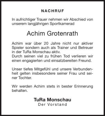 Traueranzeige von Achim Grotenrath von Aachener Zeitung / Aachener Nachrichten