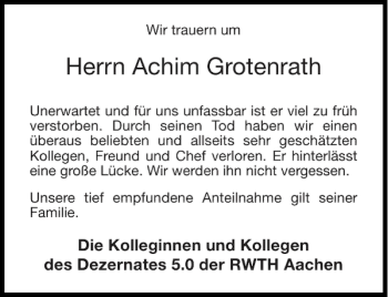 Traueranzeige von Achim Grotenrath von Aachener Zeitung / Aachener Nachrichten